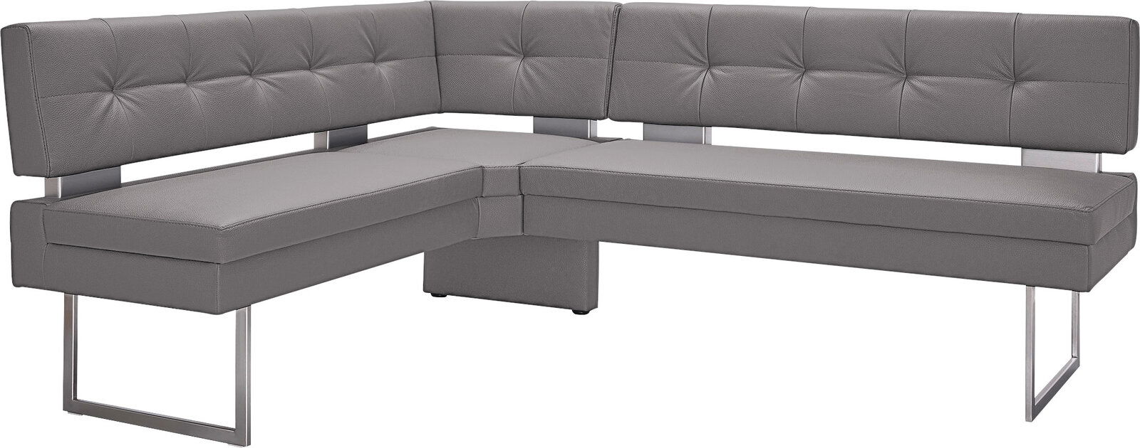 Graue Eckbank mit modernem Design und Metallbeinen, seitliche Perspektive