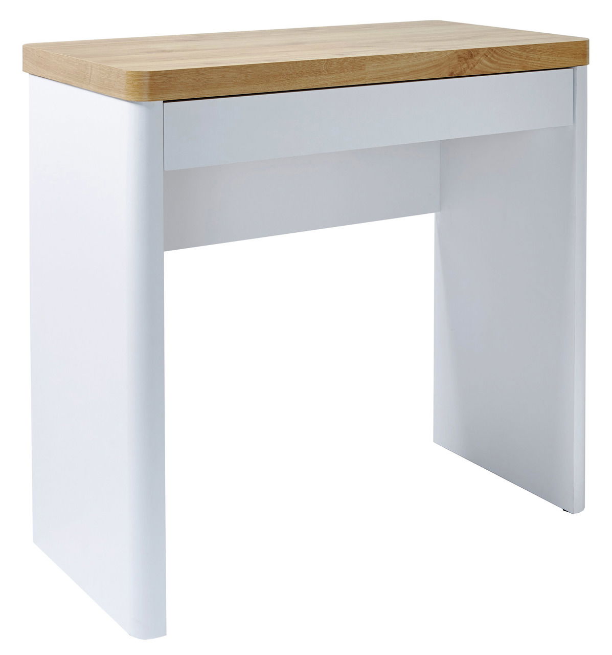 Moderner Schreibtisch mit weißem Korpus und Holzplatte, seitliche Perspektive