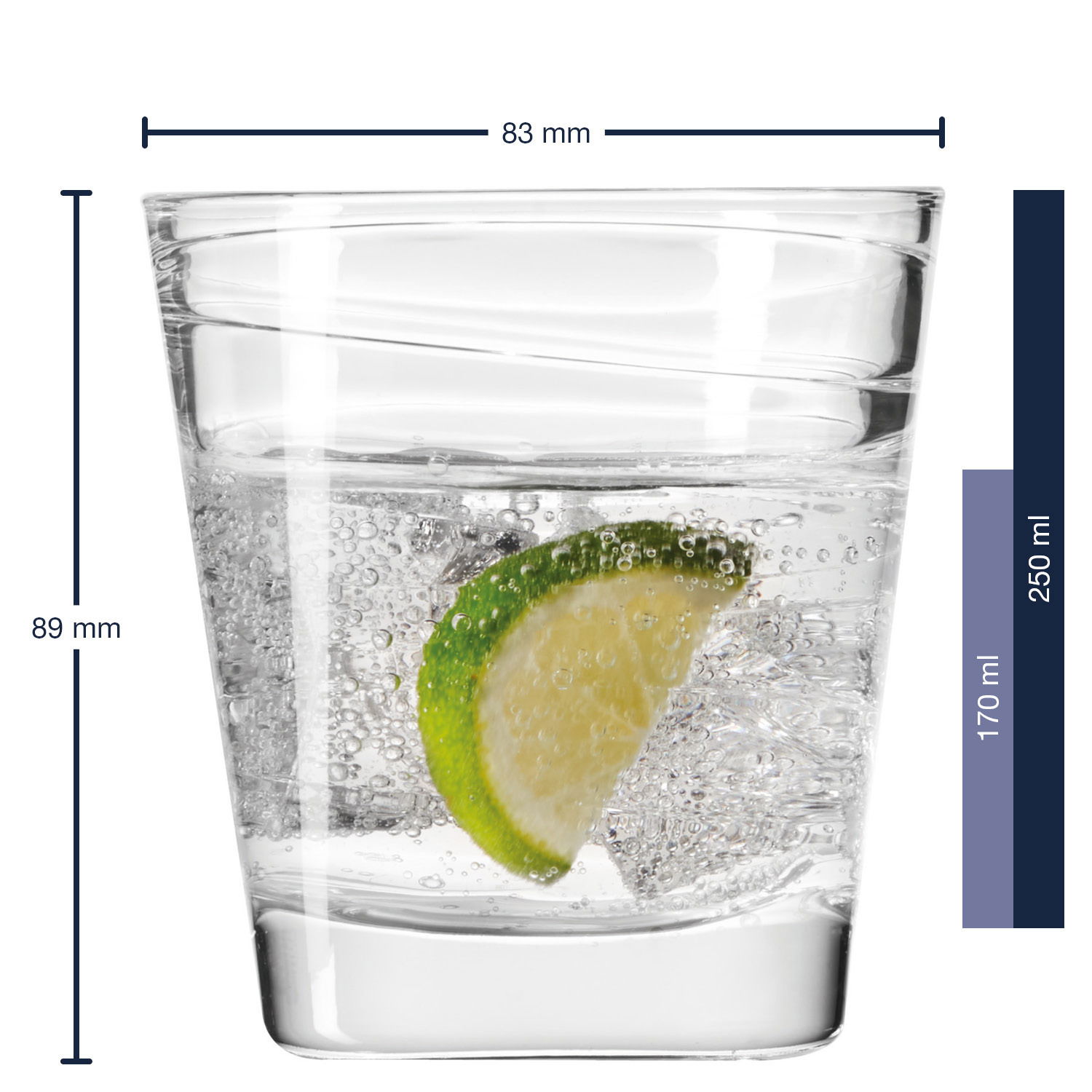 Trinkglas Vario 250ml mit Limettenscheibe und Sprudelwasser, seitliche Ansicht