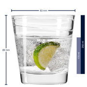 Trinkglas Vario 250ml mit Limettenscheibe und Sprudelwasser, seitliche Ansicht