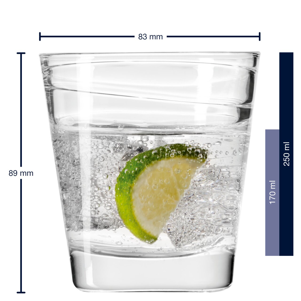 Trinkglas Vario 250ml mit Limettenscheibe und Sprudelwasser, seitliche Ansicht