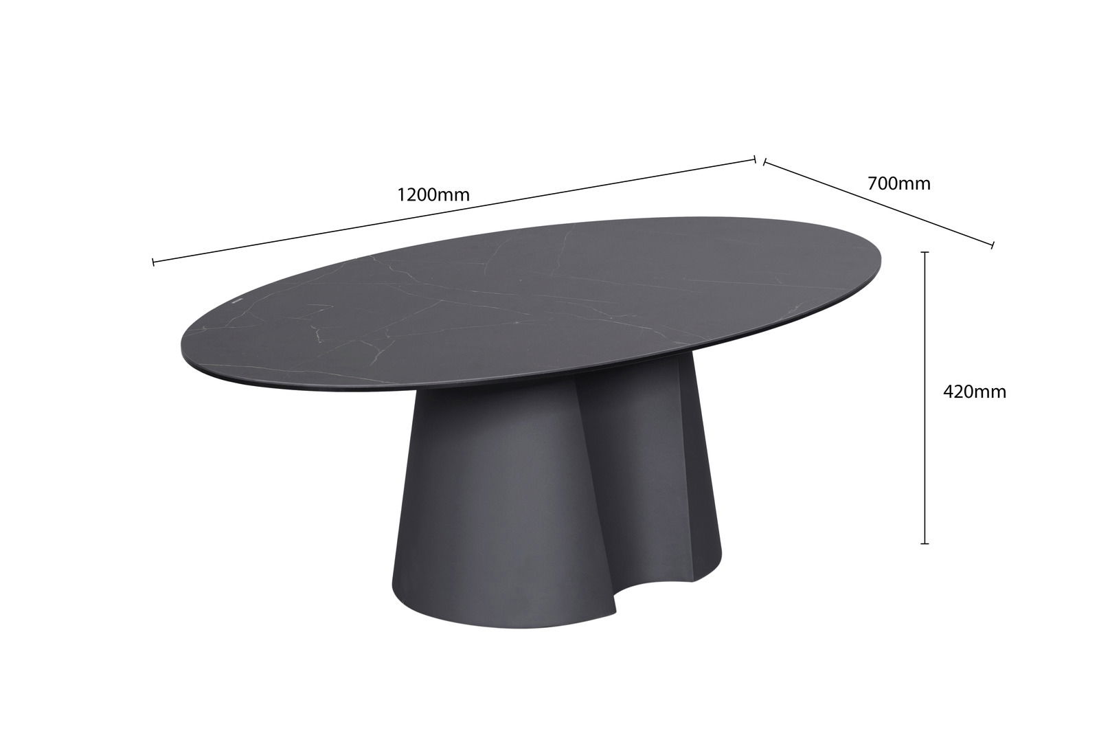 Moderner ovaler Couchtisch in Schwarz mit Marmoroptik, seitliche Perspektive