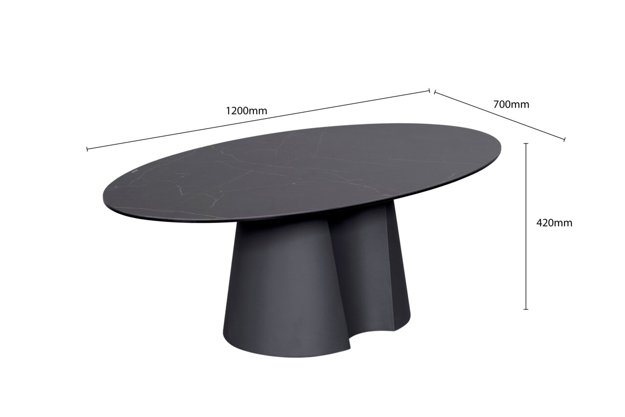 Moderner ovaler Couchtisch in Schwarz mit Marmoroptik, seitliche Perspektive
