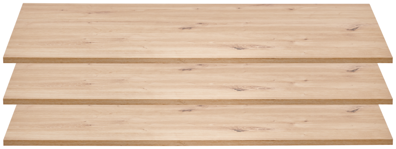 Draufsicht auf ein 3er-Set schmaler Einlegeböden aus hellem Holz mit natürlicher Maserung.