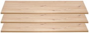 Draufsicht auf ein 3er-Set schmaler Einlegeböden aus hellem Holz mit natürlicher Maserung.