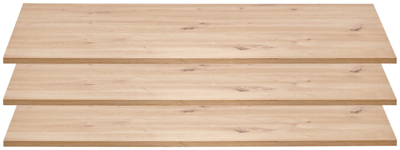 Draufsicht auf ein 3er-Set schmaler Einlegeböden aus hellem Holz mit natürlicher Maserung.
