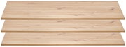 Draufsicht auf ein 3er-Set schmaler Einlegeböden aus hellem Holz mit natürlicher Maserung.