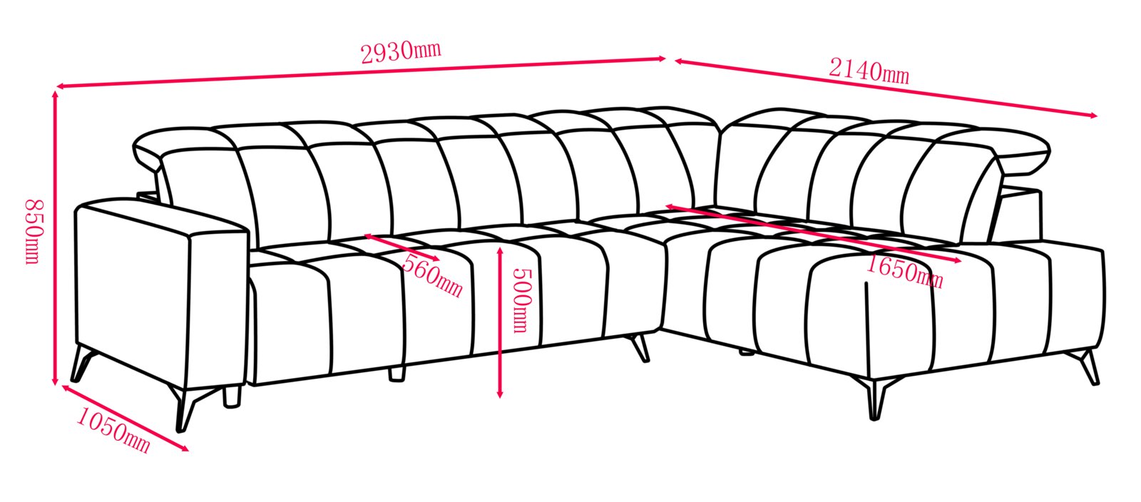 Schematische Frontansicht mit leichter Schrägperspektive eines L-förmigen Ecksofas mit rechter Ottomane, gesteppten Polstern und hohen Metallfüßen, inklusive Maßangaben (Breite 2930/2140 mm, Höhe 850 mm, Tiefe 1050 mm, Sitzhöhe 500 mm, Sitztiefe 560/1650 