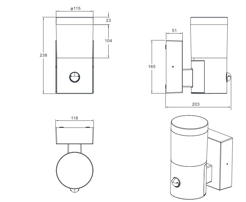 Technische Zeichnung einer LED-Außenwandleuchte mit zylindrischem Design, Seiten- und Vorderansicht, inklusive Maße.