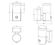 Technische Zeichnung einer LED-Außenwandleuchte mit zylindrischem Design, Seiten- und Vorderansicht, inklusive Maße.