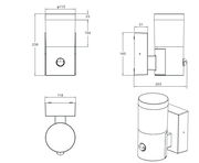 Technische Zeichnung einer LED-Außenwandleuchte mit zylindrischem Design, Seiten- und Vorderansicht, inklusive Maße.