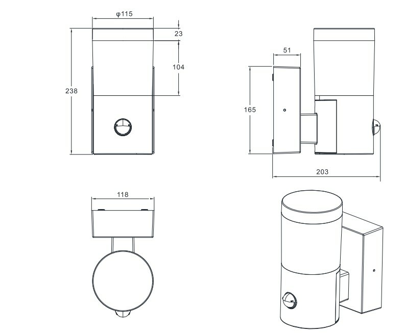 Technische Zeichnung einer LED-Außenwandleuchte mit zylindrischem Design, Seiten- und Vorderansicht, inklusive Maße.
