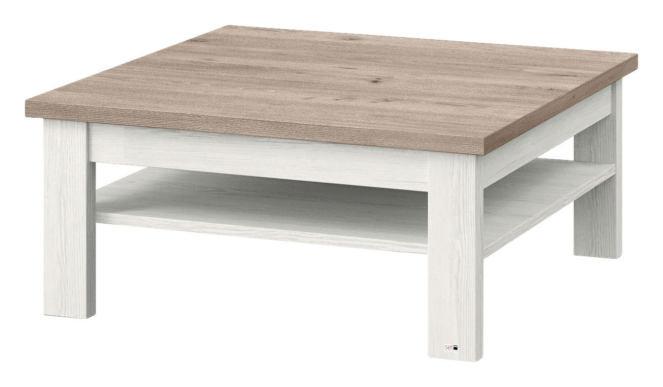 Moderner Couchtisch mit quadratischer Holzplatte in heller Holzoptik, seitliche Perspektive