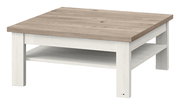 Moderner Couchtisch mit quadratischer Holzplatte in heller Holzoptik, seitliche Perspektive