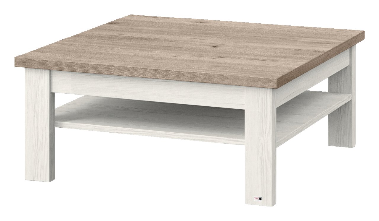 Moderner Couchtisch mit quadratischer Holzplatte in heller Holzoptik, seitliche Perspektive