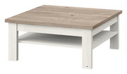 Moderner Couchtisch mit quadratischer Holzplatte in heller Holzoptik, seitliche Perspektive
