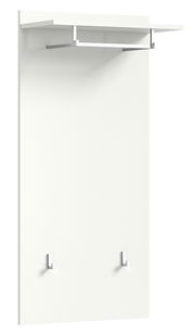 Weißes Garderobenpaneel mit zwei Haken und einer Ablage, seitliche Perspektive