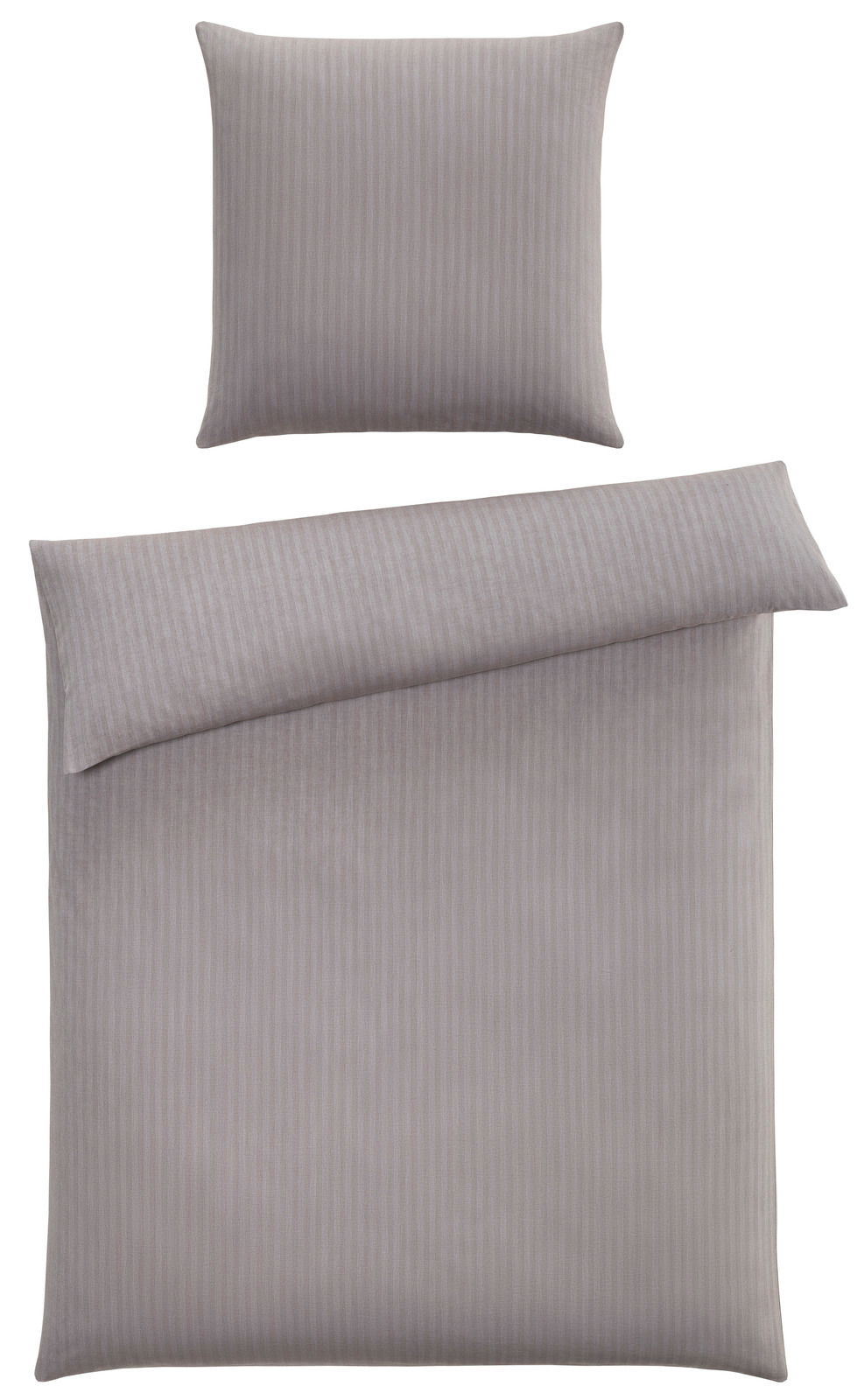 Graue Bettwäsche im Heringbone-Muster, bestehend aus einem Kissenbezug und einem Bettdeckenbezug, aus der Vogelperspektive fotografiert.