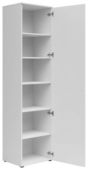 Weißer Mehrzweckschrank mit fünf offenen Regalböden, Tür geöffnet, seitliche Perspektive