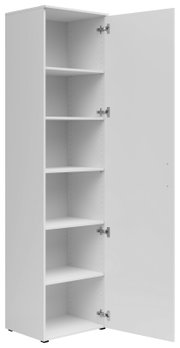 Weißer Mehrzweckschrank mit fünf offenen Regalböden, Tür geöffnet, seitliche Perspektive