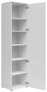 Weißer Mehrzweckschrank mit fünf offenen Regalböden, Tür geöffnet, seitliche Perspektive