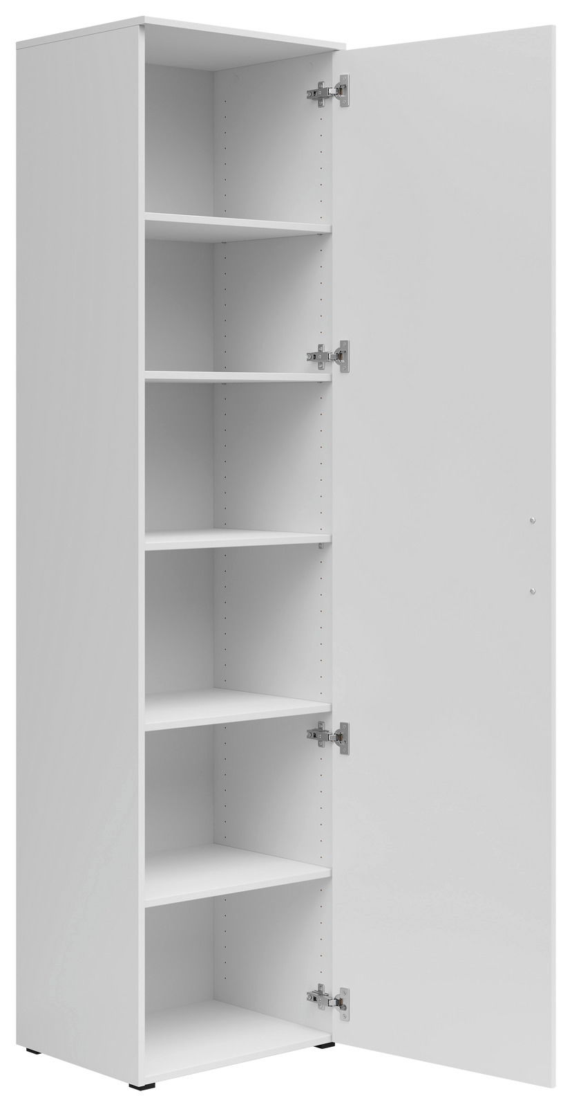 Weißer Mehrzweckschrank mit fünf offenen Regalböden, Tür geöffnet, seitliche Perspektive