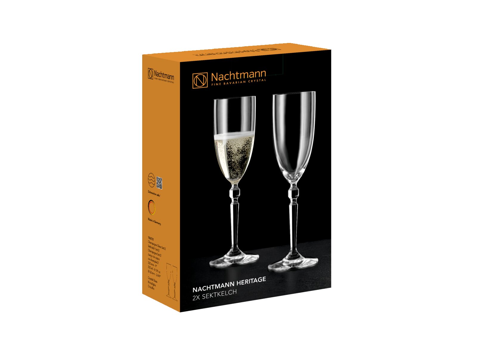 Nachtmann Heritage 2er-Set Sektkelche aus Kristallglas in schwarzer Geschenkverpackung, schräg von vorn links (3/4-Ansicht) gezeigt
