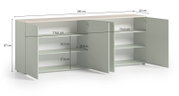 XL-Sideboard mit offenen Türen, zeigt Innenfächer und Maße, Perspektive von vorne.