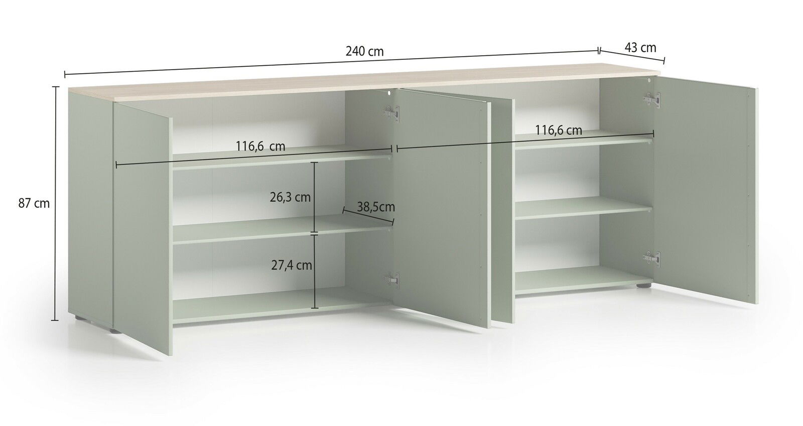 XL-Sideboard mit offenen Türen, zeigt Innenfächer und Maße, Perspektive von vorne.
