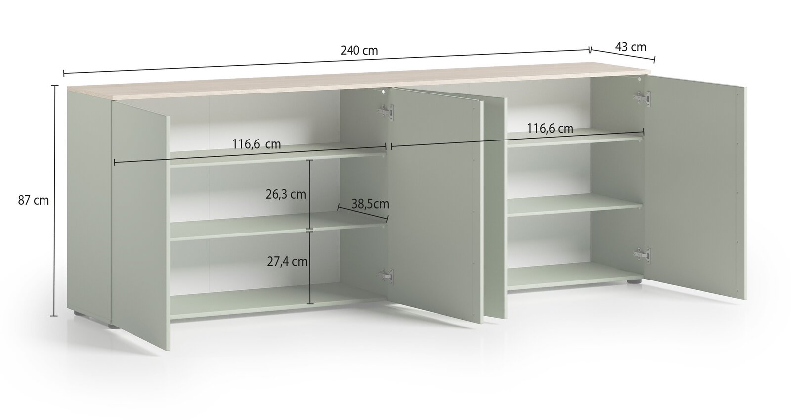 XL-Sideboard mit offenen Türen, zeigt Innenfächer und Maße, Perspektive von vorne.