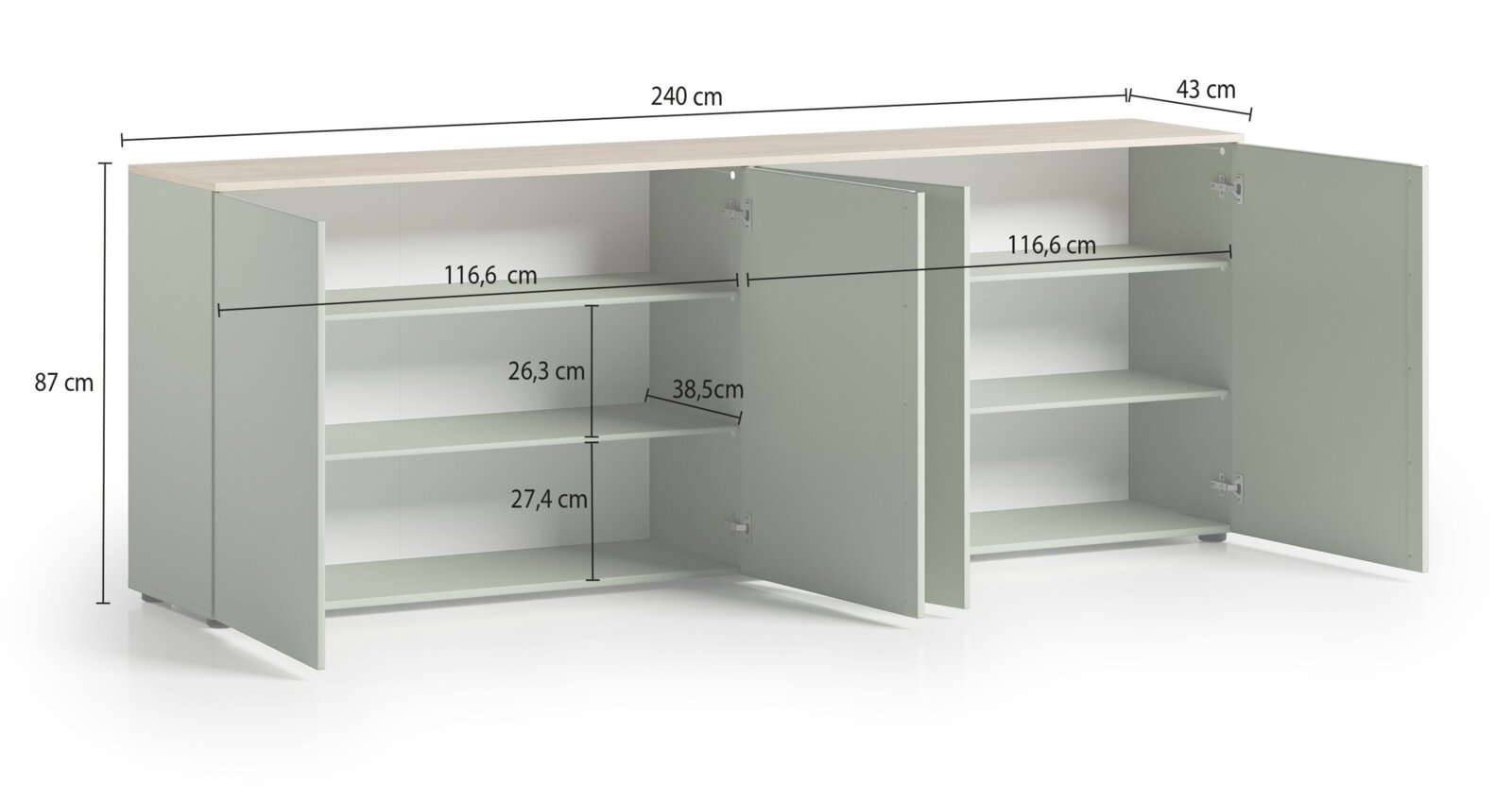 XL-Sideboard mit offenen Türen, zeigt Innenfächer und Maße, Perspektive von vorne.