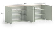 XL-Sideboard mit offenen Türen, zeigt Innenfächer und Maße, Perspektive von vorne.