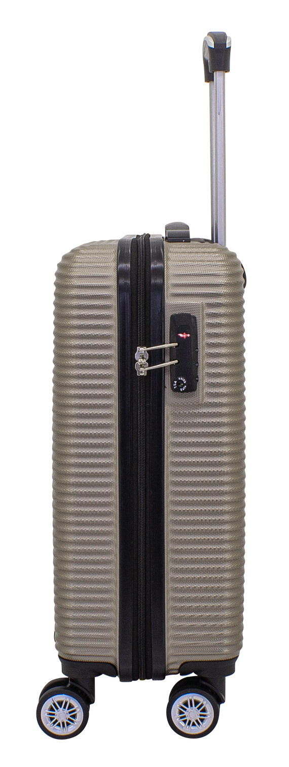 Seitliche Ansicht eines champagnerfarbenen Trolleys mit vier Rollen und ausziehbarem Griff.