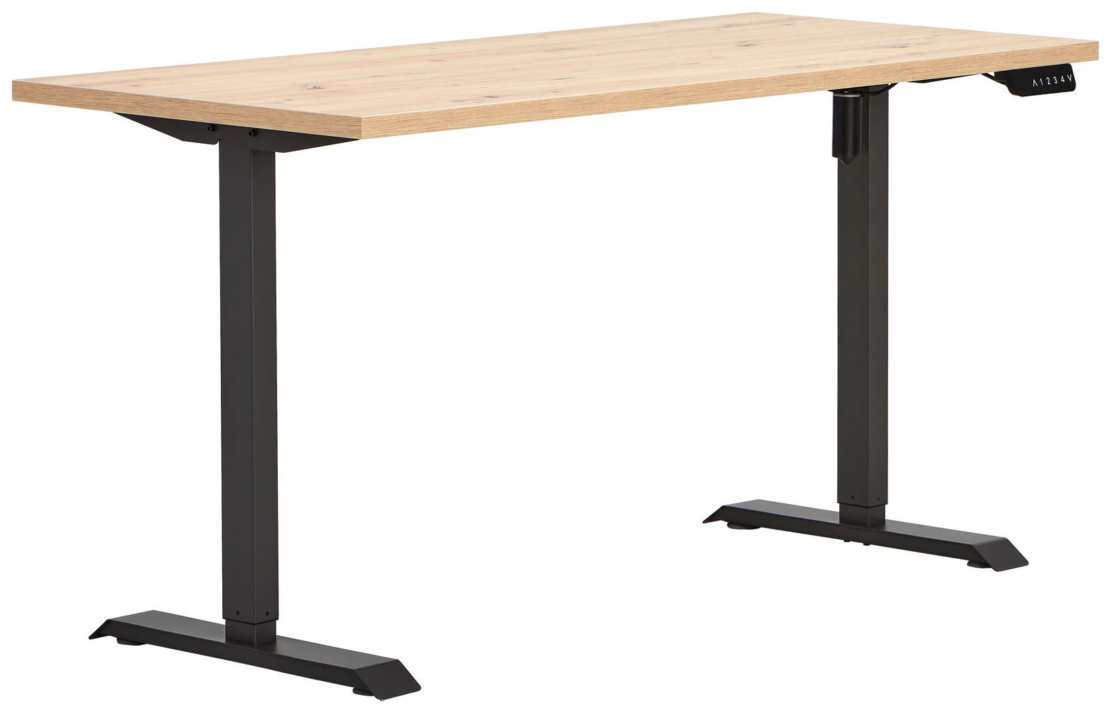 Höhenverstellbarer Tisch mit Holzplatte und schwarzen Metallbeinen, seitliche Perspektive