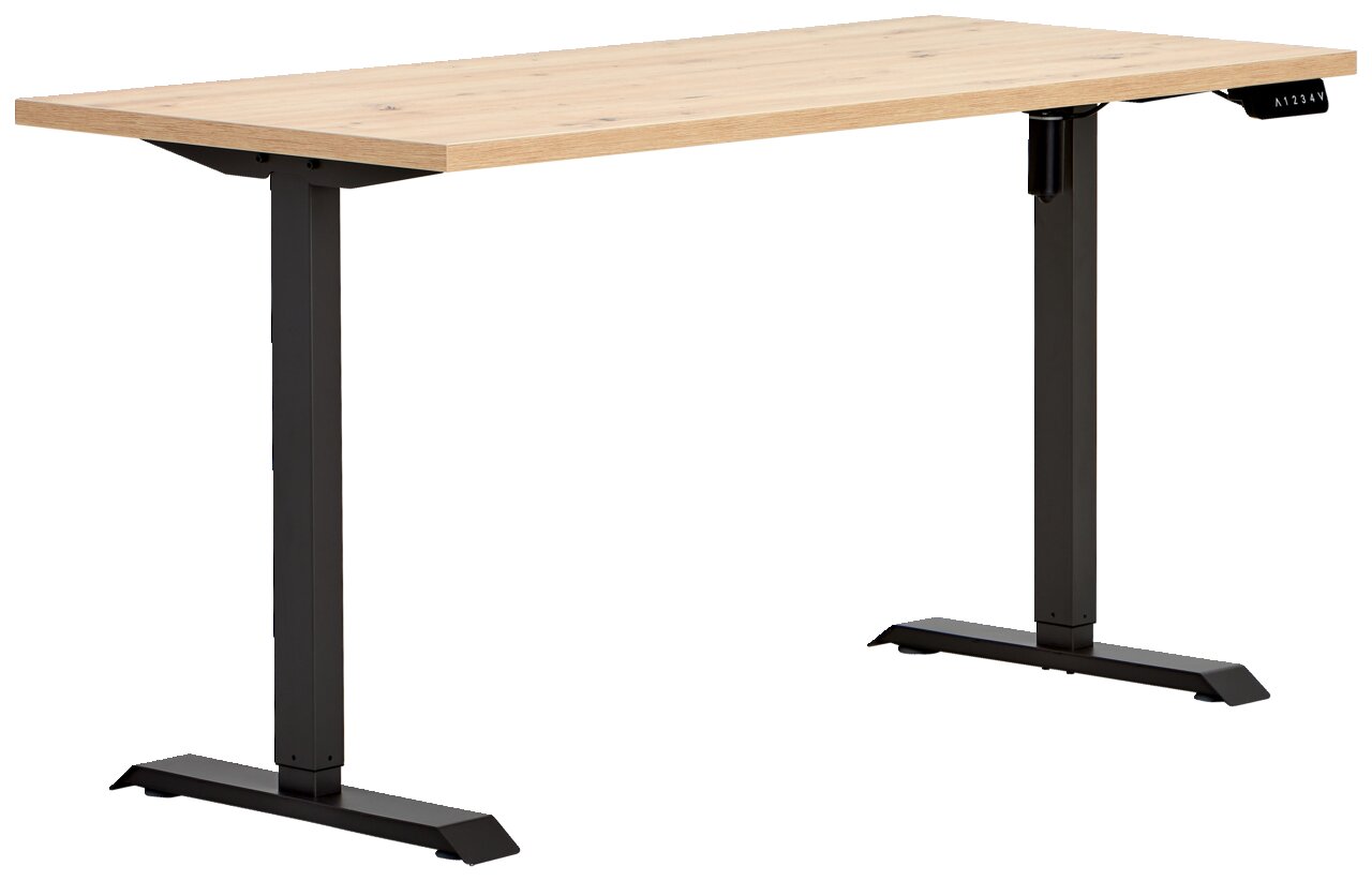 Höhenverstellbarer Tisch mit Holzplatte und schwarzen Metallbeinen, seitliche Perspektive