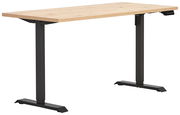 Höhenverstellbarer Tisch mit Holzplatte und schwarzen Metallbeinen, seitliche Perspektive