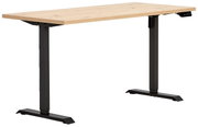 In hoogte verstelbare tafel met houten blad en zwarte metalen poten, zijaanzicht