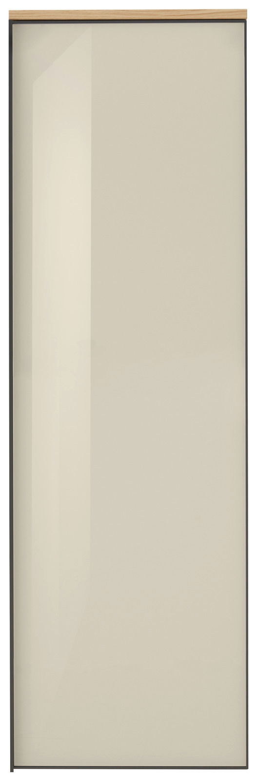 Hochformatige Ansicht eines modernen Hängegarderobenschranks mit glänzender, beiger Front und Holzleiste oben.