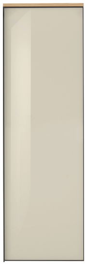 Hochformatige Ansicht eines modernen Hängegarderobenschranks mit glänzender, beiger Front und Holzleiste oben.