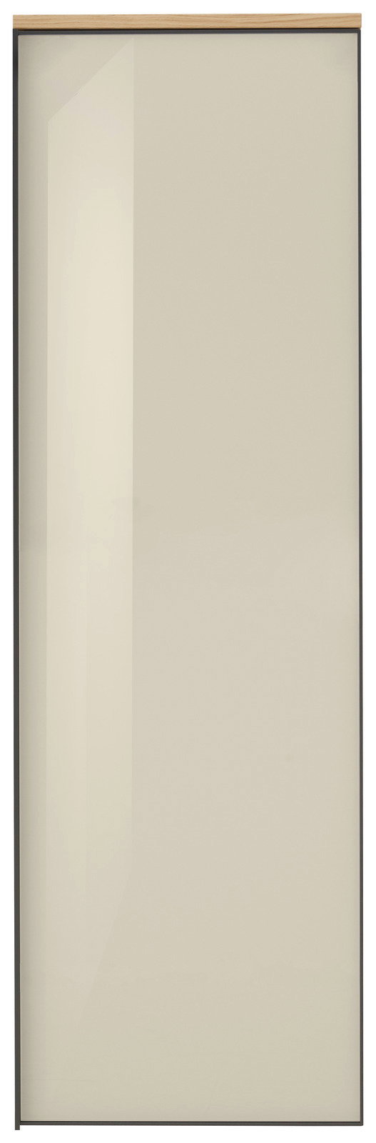 Hochformatige Ansicht eines modernen Hängegarderobenschranks mit glänzender, beiger Front und Holzleiste oben.