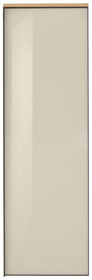 Hochformatige Ansicht eines modernen Hängegarderobenschranks mit glänzender, beiger Front und Holzleiste oben.