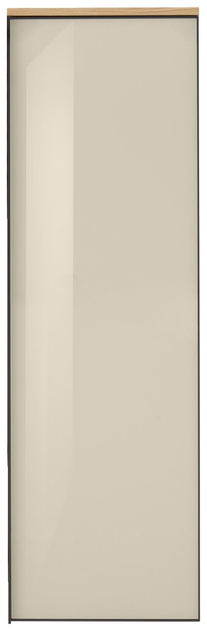Verticaal beeld van een moderne hangkast met een glanzende, beige voorkant en een houten lijst aan de bovenkant.