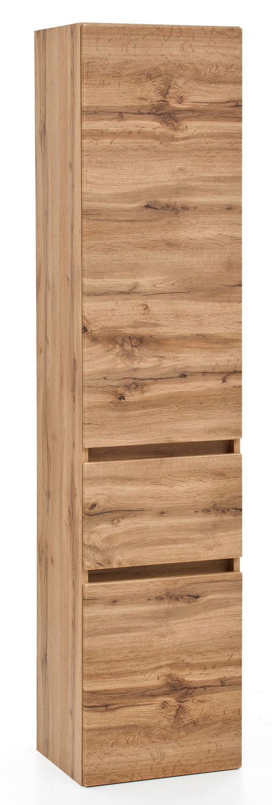 Hochschrank aus Holz in Frontansicht mit natürlicher Holzmaserung und drei Schubladen.