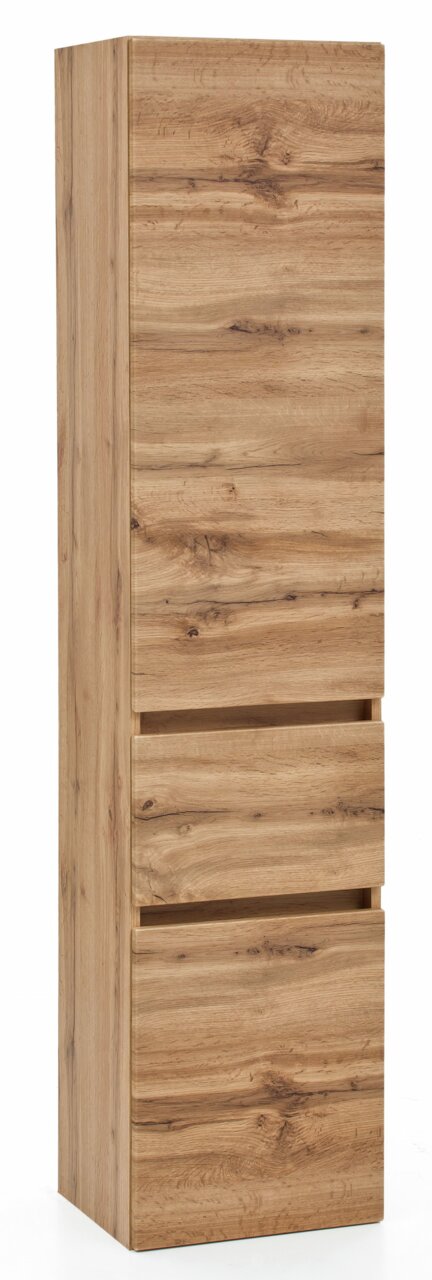Hoge houten kast in vooraanzicht met natuurlijke houtnerf en drie lades.