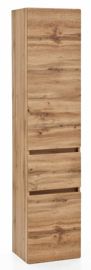 Hoge houten kast in vooraanzicht met natuurlijke houtnerf en drie lades.
