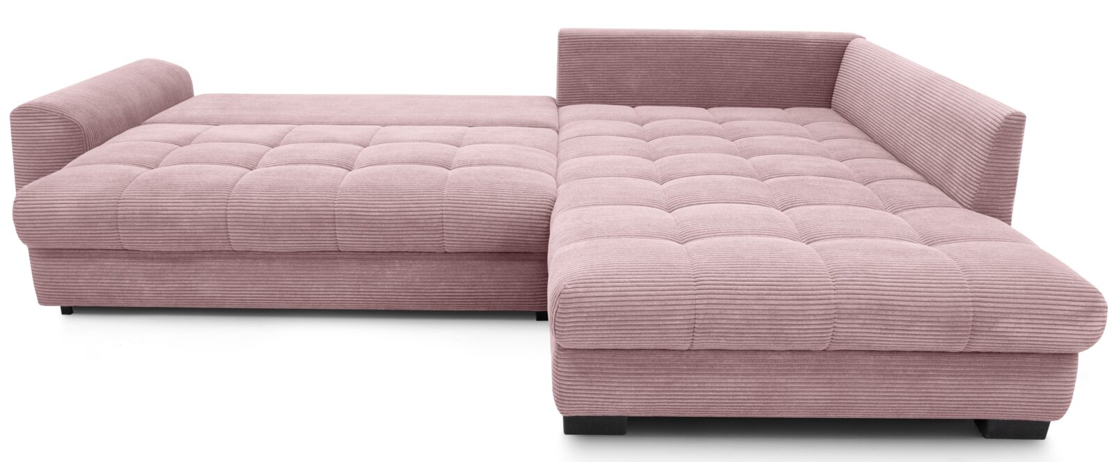 Roze ribfluwelen hoekbank met chaise longue en doorgestikte zitkussens, gezien schuin van voren op witte achtergrond