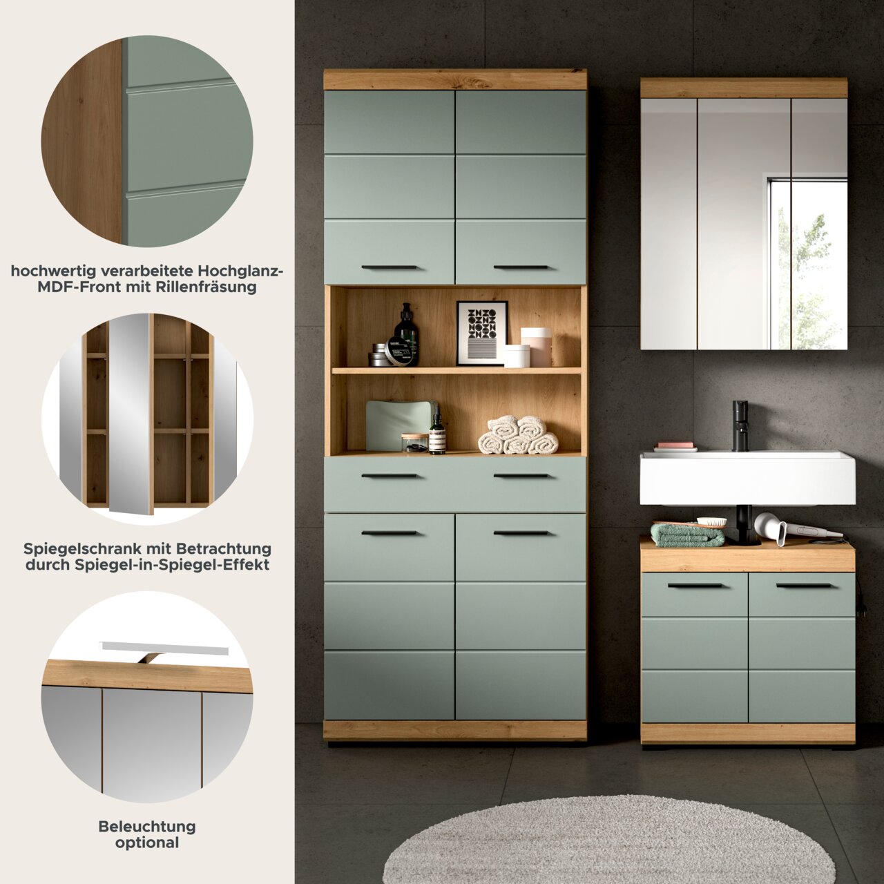 Badezimmermöbel-Set in Salbeigrün mit Holzoptik, bestehend aus Hochschrank mit offenen Regalfächern, Waschtischunterschrank und Spiegelschrank, frontal in einem modernen Bad dargestellt.