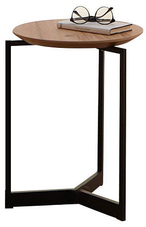 Moderner Beistelltisch mit runder Holzplatte und schwarzem Metallgestell, seitliche Perspektive.