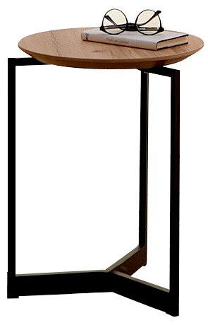 Moderner Beistelltisch mit runder Holzplatte und schwarzem Metallgestell, seitliche Perspektive.