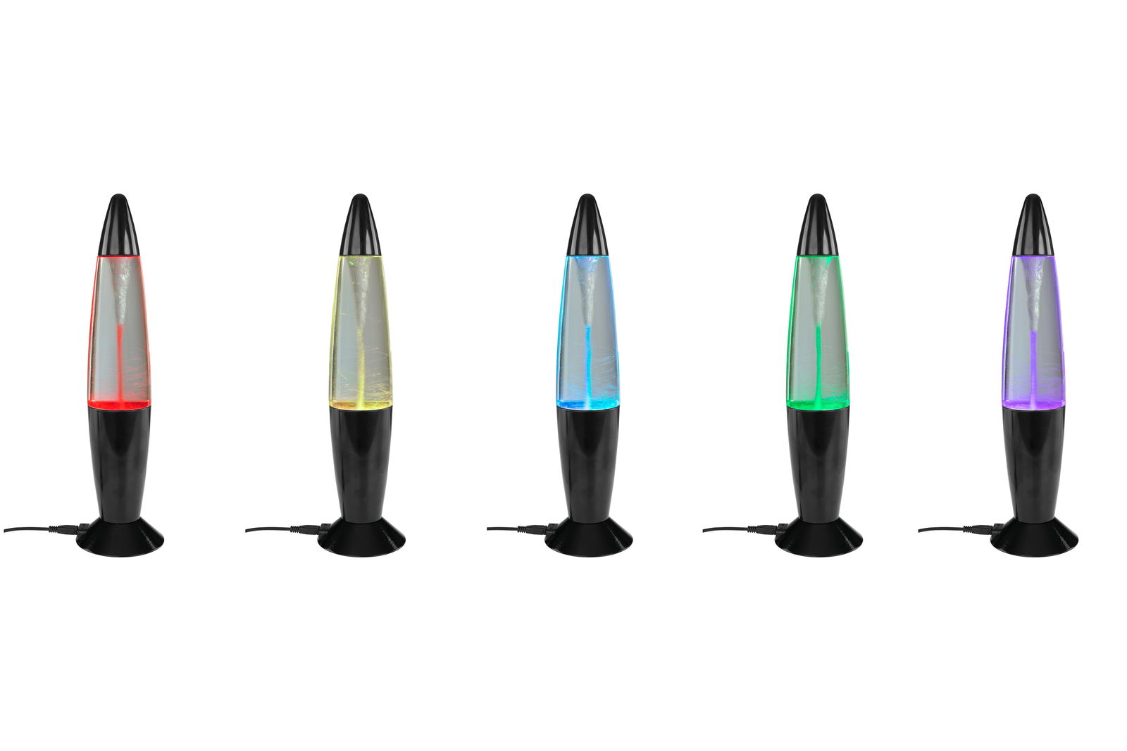 Fünf bunte Glitterleuchten in verschiedenen Farben, frontal betrachtet.